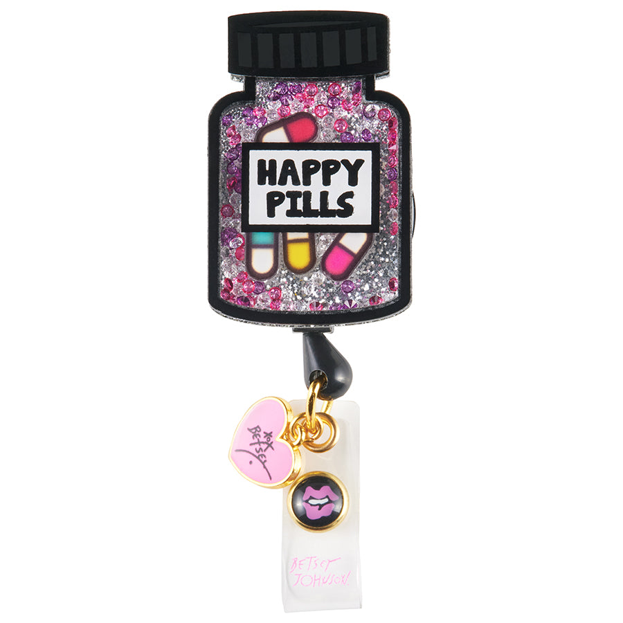 Betsey Retractable Badges Happy Pill Bottle